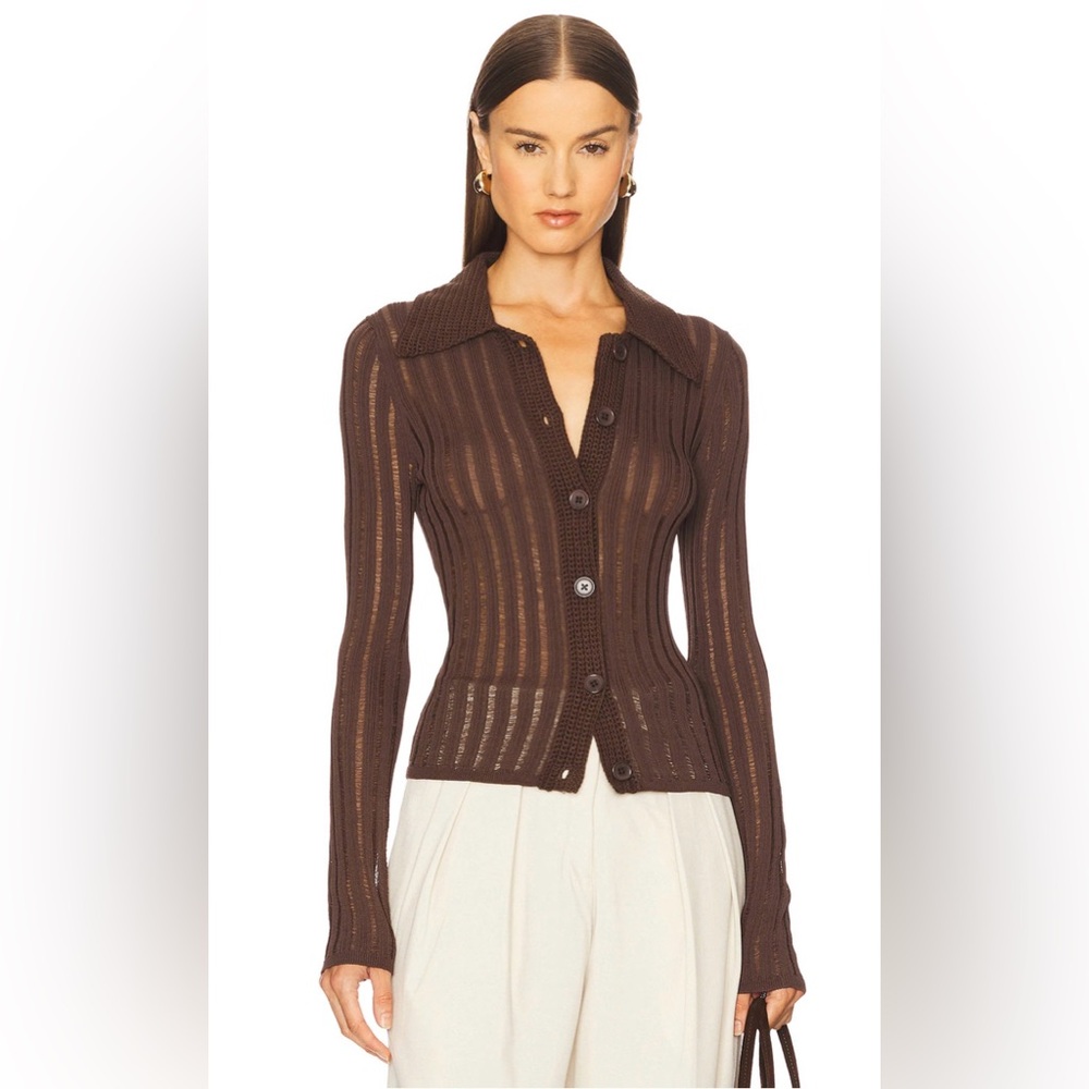 L'Academie by Marianna Olivie Cardigan Chocolate Brown Medium Open Knit Revolve
